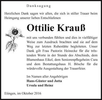 Traueranzeige von Ottilie Krauß  von Magdeburger Volksstimme