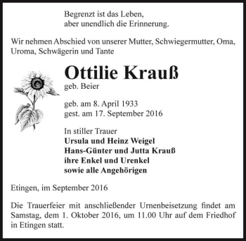 Traueranzeige von Ottilie Krauß (geb. Beier)  von Magdeburger Volksstimme