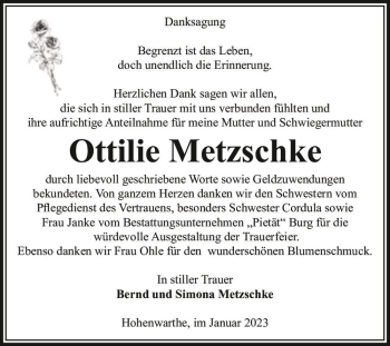Traueranzeige von Ottilie Metzschke  von Magdeburger Volksstimme