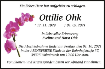 Traueranzeige von Ottilie Ohk  von Magdeburger Volksstimme