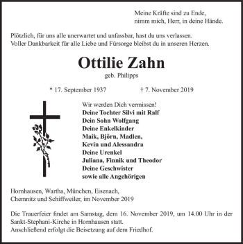 Traueranzeige von Ottilie Zahn (geb. Philipps)  von Magdeburger Volksstimme