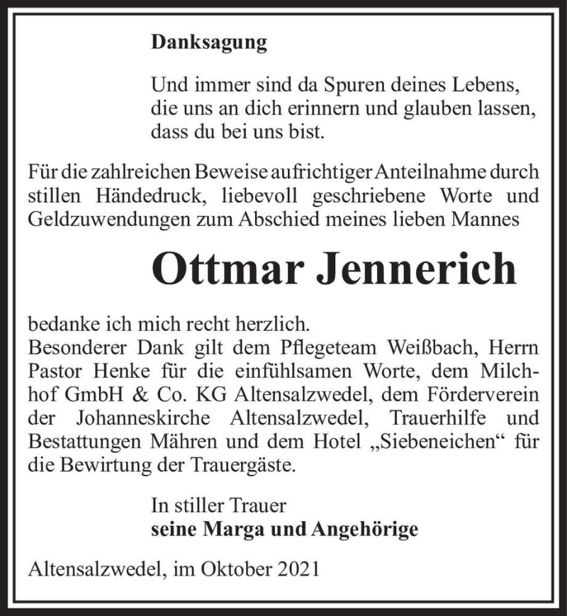  Traueranzeige für Ottmar Jennerich  vom 03.11.2021 aus Magdeburger Volksstimme