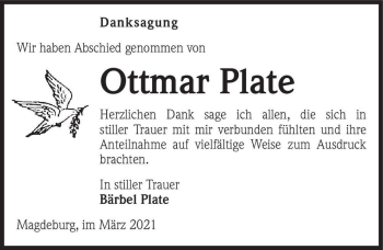 Traueranzeige von Ottmar Plate  von Magdeburger Volksstimme