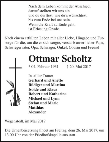 Traueranzeige von Ottmar Scholtz  von Magdeburger Volksstimme