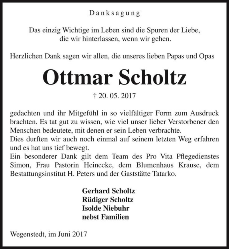  Traueranzeige für Ottmar Scholtz  vom 24.06.2017 aus Magdeburger Volksstimme