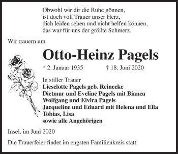 Traueranzeige von Otto-Heinz Pagels  von Magdeburger Volksstimme