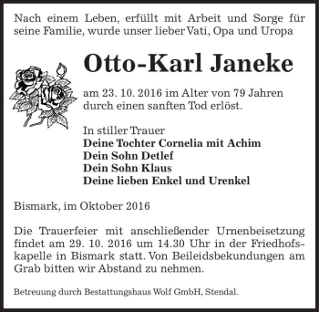 Traueranzeige von Otto-Karl Janeke  von Magdeburger Volksstimme