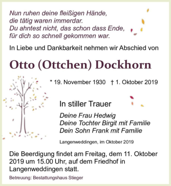 Traueranzeige von Otto (Ottchen) Dockhorn  von Magdeburger Volksstimme