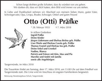 Traueranzeige von Otto (Otti) Präfke  von Magdeburger Volksstimme