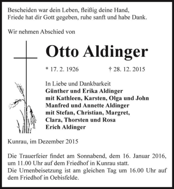 Traueranzeige von Otto Aldinger  von Magdeburger Volksstimme