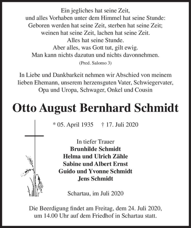  Traueranzeige für Otto August Bernhard Schmidt  vom 21.07.2020 aus Magdeburger Volksstimme