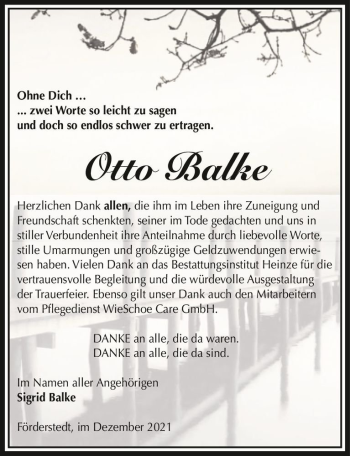 Traueranzeige von Otto Balke  von Magdeburger Volksstimme