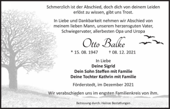 Traueranzeige von Otto Balke  von Magdeburger Volksstimme