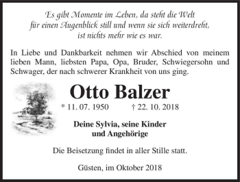 Traueranzeige von Otto Balzer  von Magdeburger Volksstimme