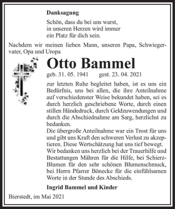 Traueranzeige von Otto Bammel  von Magdeburger Volksstimme