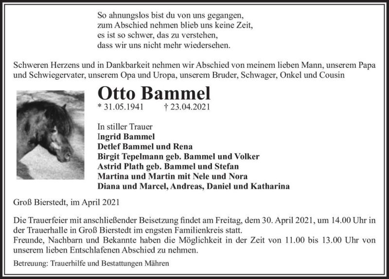  Traueranzeige für Otto Bammel  vom 28.04.2021 aus Magdeburger Volksstimme