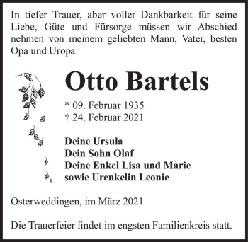 Traueranzeige von Otto Bartels  von Magdeburger Volksstimme
