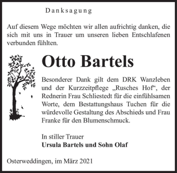 Traueranzeige von Otto Bartels  von Magdeburger Volksstimme