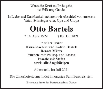 Traueranzeige von Otto Bartels  von Magdeburger Volksstimme
