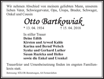 Traueranzeige von Otto Bartkowiak  von Magdeburger Volksstimme