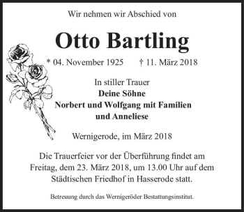 Traueranzeige von Otto Bartling  von Magdeburger Volksstimme