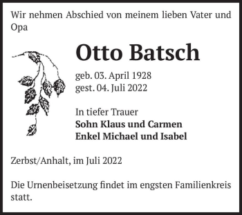 Traueranzeige von Otto Batsch  von Magdeburger Volksstimme