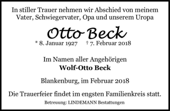 Traueranzeige von Otto Beck  von Magdeburger Volksstimme