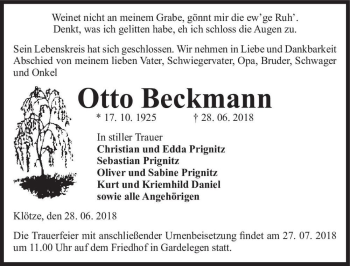 Traueranzeige von Otto Beckmann  von Magdeburger Volksstimme