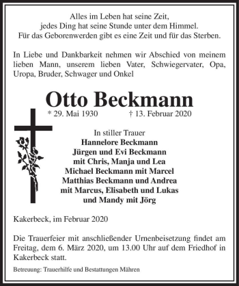 Traueranzeige von Otto Beckmann  von Magdeburger Volksstimme