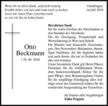 Traueranzeige von Otto Beckmann  von Magdeburger Volksstimme