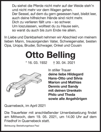 Traueranzeige von Otto Belling  von Magdeburger Volksstimme
