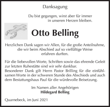 Traueranzeige von Otto Belling  von Magdeburger Volksstimme