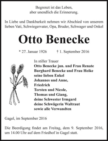 Traueranzeige von Otto Benecke  von Magdeburger Volksstimme