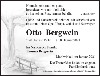 Traueranzeige von Otto Bergwein  von Magdeburger Volksstimme