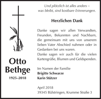 Traueranzeige von Otto Bethge  von Magdeburger Volksstimme