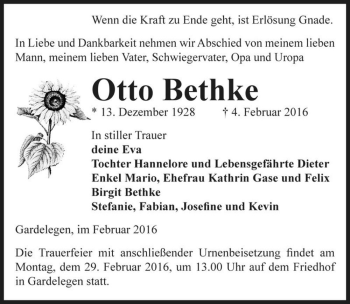 Traueranzeige von Otto Bethke  von Magdeburger Volksstimme