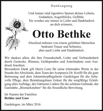 Traueranzeige von Otto Bethke  von Magdeburger Volksstimme