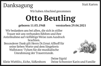 Traueranzeige von Otto Beutling  von Magdeburger Volksstimme
