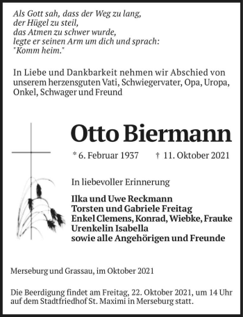 Traueranzeige von Otto Biermann  von Magdeburger Volksstimme