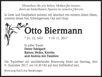 Traueranzeige von Otto Biermann  von Magdeburger Volksstimme