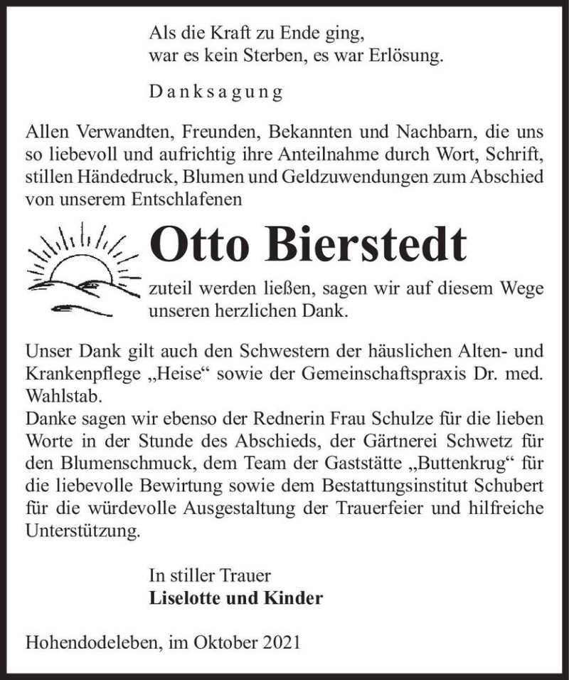  Traueranzeige für Otto Bierstedt  vom 23.10.2021 aus Magdeburger Volksstimme
