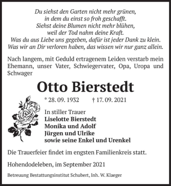 Traueranzeige von Otto Bierstedt  von Magdeburger Volksstimme