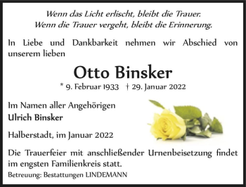 Traueranzeige von Otto Binsker  von Magdeburger Volksstimme