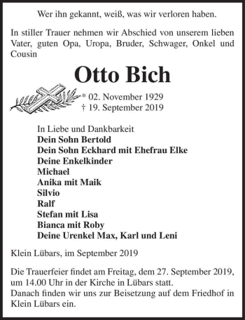 Traueranzeige von Otto Birch  von Magdeburger Volksstimme