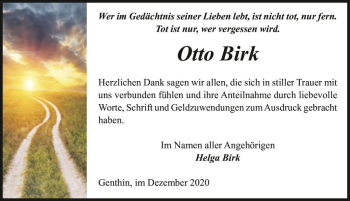 Traueranzeige von Otto Birk  von Magdeburger Volksstimme