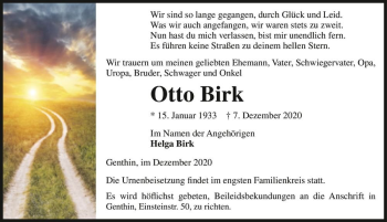 Traueranzeige von Otto Birk  von Magdeburger Volksstimme