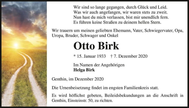  Traueranzeige für Otto Birk  vom 19.12.2020 aus Magdeburger Volksstimme