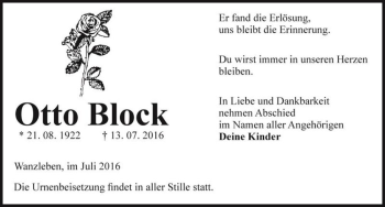 Traueranzeige von Otto Block  von Magdeburger Volksstimme