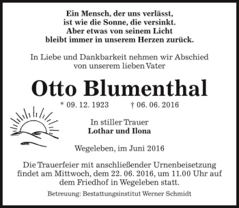 Traueranzeige von Otto Blumenthal  von Magdeburger Volksstimme