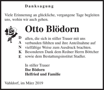 Traueranzeige von Otto Blödorn  von Magdeburger Volksstimme